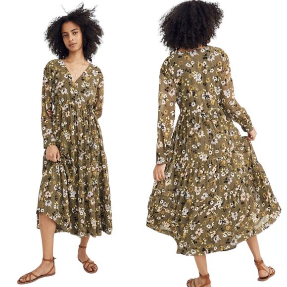 Madewell Dresses & Skirts - NWOT Madewell Cinch Waist Tiered Green Wildblooms Floral Midi Dress Size XL